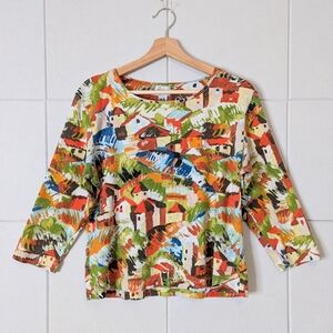 Vintage Chico's 100% cotton painterly village print boxy fit top